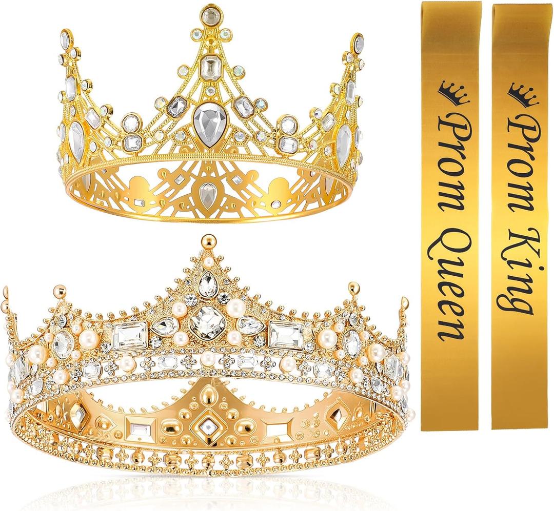 4 Pcs Prom King and Queen Crown Set with Sashes Graduation Party School Party Accessories Prom Queen and King Sashes for Graduation Birthday Wedding Halloween Costume