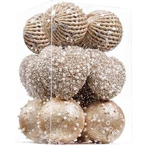 ChrisWish 14PCS Champagne Heart Ornaments&Christmas Ball Ornaments, Christmas Ball Decorations Shatterproof Plastic Hanging Pearl Balls for Holiday Party