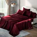 P Pothuiny 6 Pieces Queen Satin Sheets Luxury Silky Burgundy Satin Bedding Sheet Set, 1 Deep Pocket Fitted Sheet + 1 Flat Sheet + 4 Pillow Cases