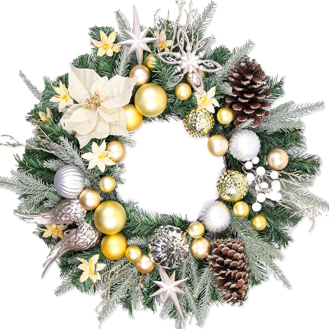 Christmas Wreaths for Front Door, 24 Inch Winter Wreath with Flocked Norfolk, Gold Silver Star Ball Ornaments, Pinecone, Poinsettias, Christmas Door Decorations, Holiday Wreath Xmas Indoor Outdoor