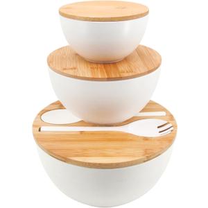Salad Bowls Set of 3 with Lid & Serving Utensils, Bamboo Fiber Mixing Bowls Set Large Serving Bowls & Storage Set with Bamboo Lid for Salad, Kitchen Eating, Pasta, Popcorn, Chips, Fruit, White