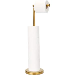 Toilet Paper Holder Gold, Freestanding Toilet Paper Holder Stand with Reserve for 4 Spare Rolls, Sturdy Base, Toilet Tissue Paper Roll Storage Shelf (Stainless Steel Base, Gold)