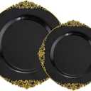 102PCS Black and Gold Plastic Plates - Black Disposable Plates - Heavyweight Disposable Plate with Gold Rim - Fancy Dinner & Dessert Plate for 51 Guests Weddings & Party & Graduation