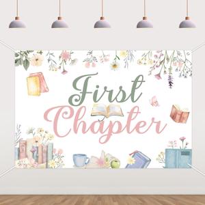 Book 1st Birthday Decorations Girl 5 * 3ft First Chapter Birthday Backdrop Banner Pink Green First Chapter Bday Decor Storybook 1st Bday Supplies for Floral Book Reading Party