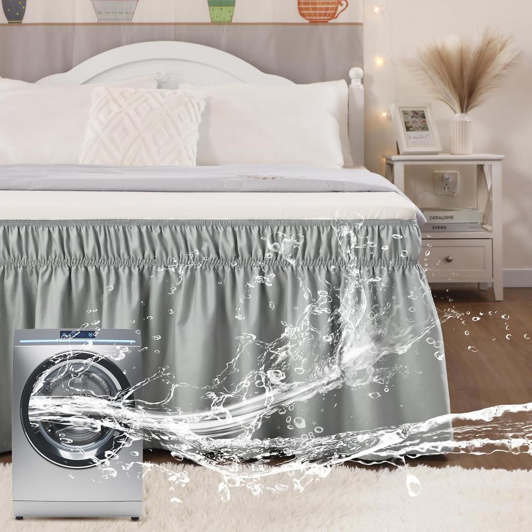 Vocander Wrap Around Grey King Size Bed Skirt 14 Inch Drop, Elastic Dust Ruffle Easy to Put On, Solid Bedskirt Polyester Fabric Machine Washable Dryable and Ironable