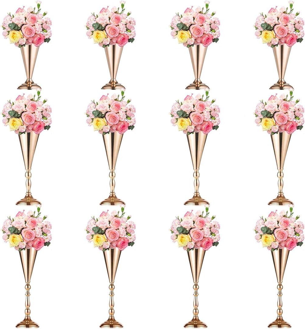 12 Pcs Flower Trumpet Vases Table Decorative Centerpiece Gold Tall Flower Vases, Metal Wedding Vase Arrangement Flower Stand for Wedding Decoration Birthday, Ceremony Party, 3 Sizes