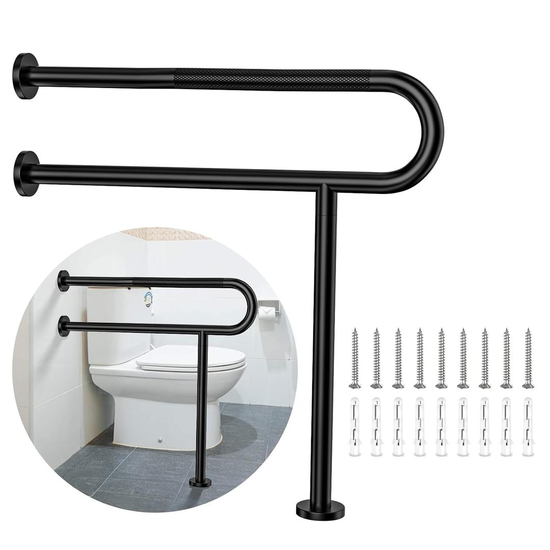 Toilet Support Rail 31.3X 31.5 Inch, Munzong Anti-Slip Black Handicap Grab Bar for Bathroom, Stainless Steel Knurled Safety handrails with Leg for Elderly Disabled Pregnant-1.25Tube