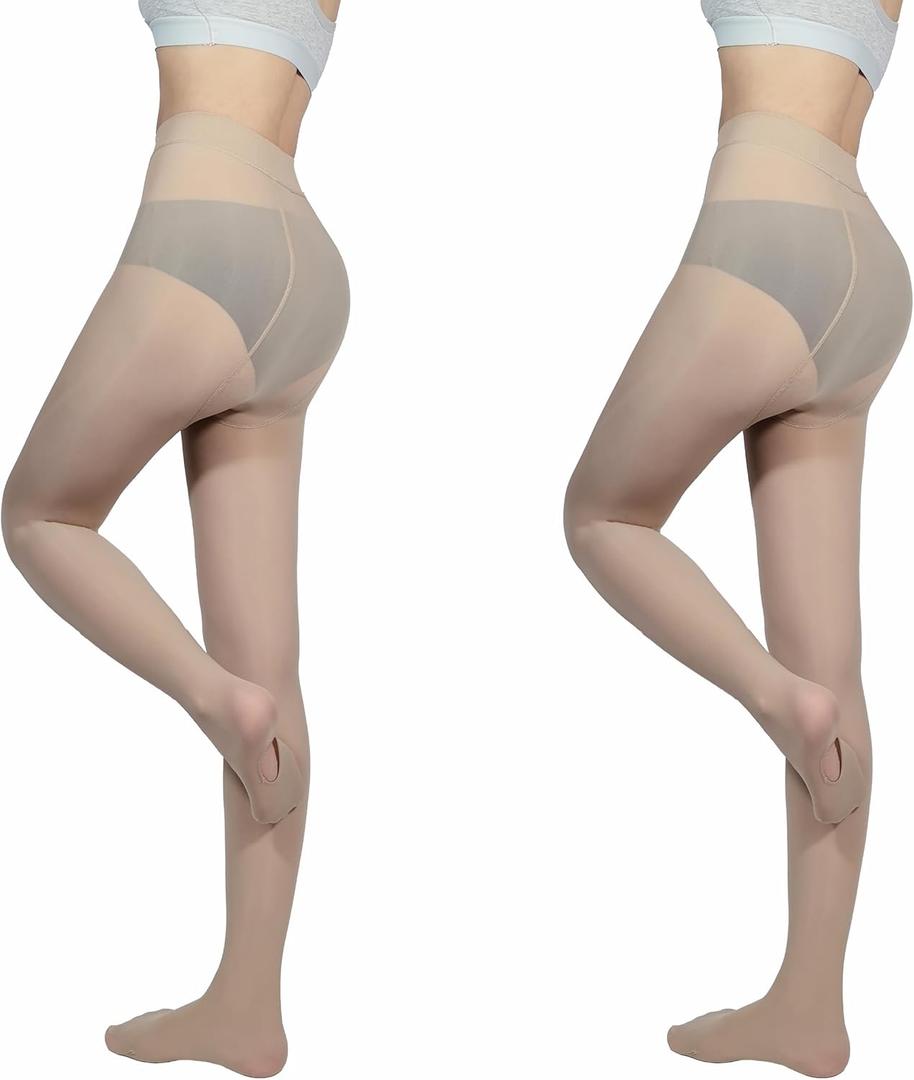 2-Pack Slightly Transparent Tights for girls & women, High Elasticity Sheen Pantyhose, For Work Dance Casual. Brown, Size: X-Large Petite