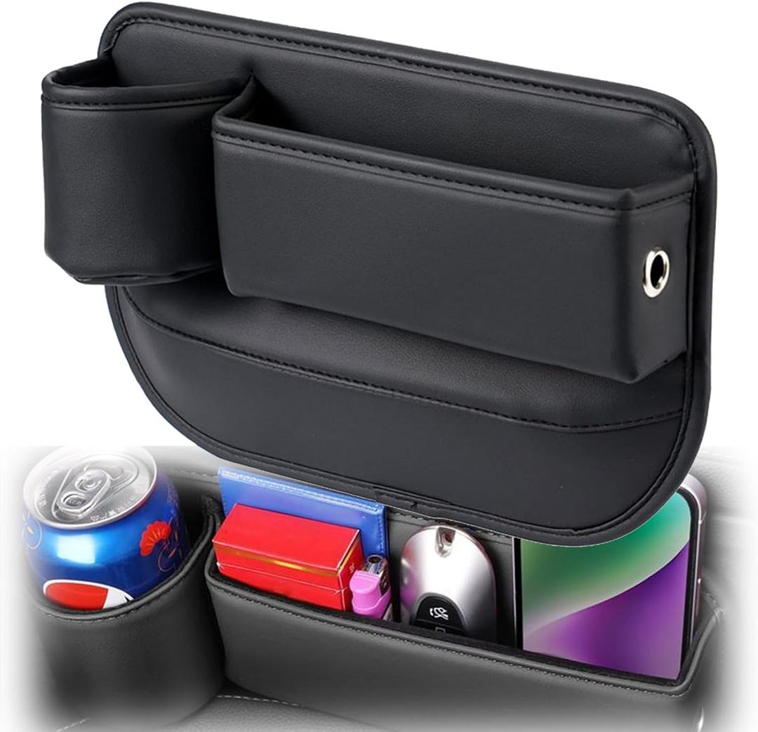 Car Seat Gap Filler, Leather Car Seat Gap Organizer, Automotive Side Seat Storage Box with Cup Holders, Gap Filler for Car, Car Accessories Seat Gap Filler (Driver Seat, Black)