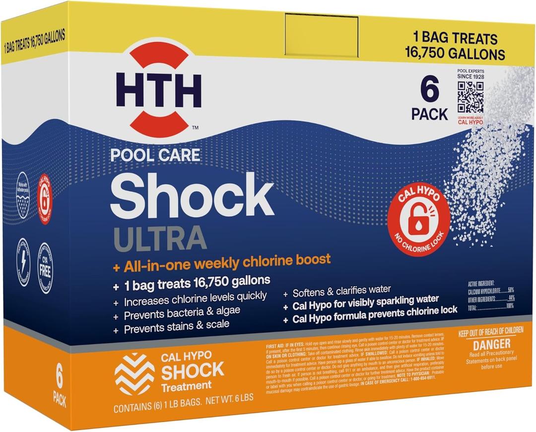 HTH 52040B Swimming Pool Care Shock Ultra, Swimming Pool Chemical, Cal Hypo Formula, 1Lb (6 Pack)