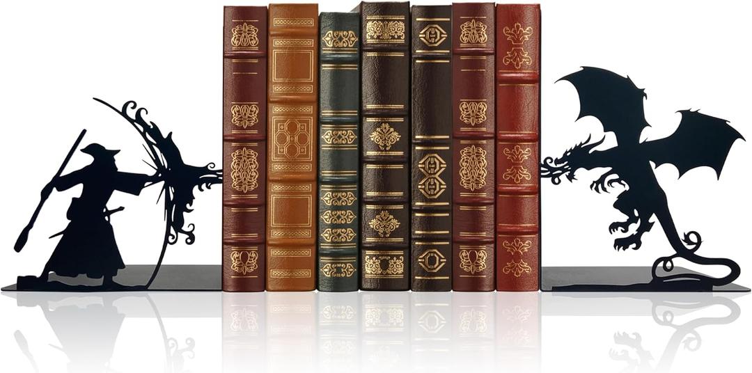 Lord Decorative Bookends - Epic Fantasy Dragon & Wizard, The Rings Book Ends for Home Library & Office Decor, Fantasy Inspired by Lord Dragon Bookends, Unique Lord Gift for Fans (Matte Black, Large)