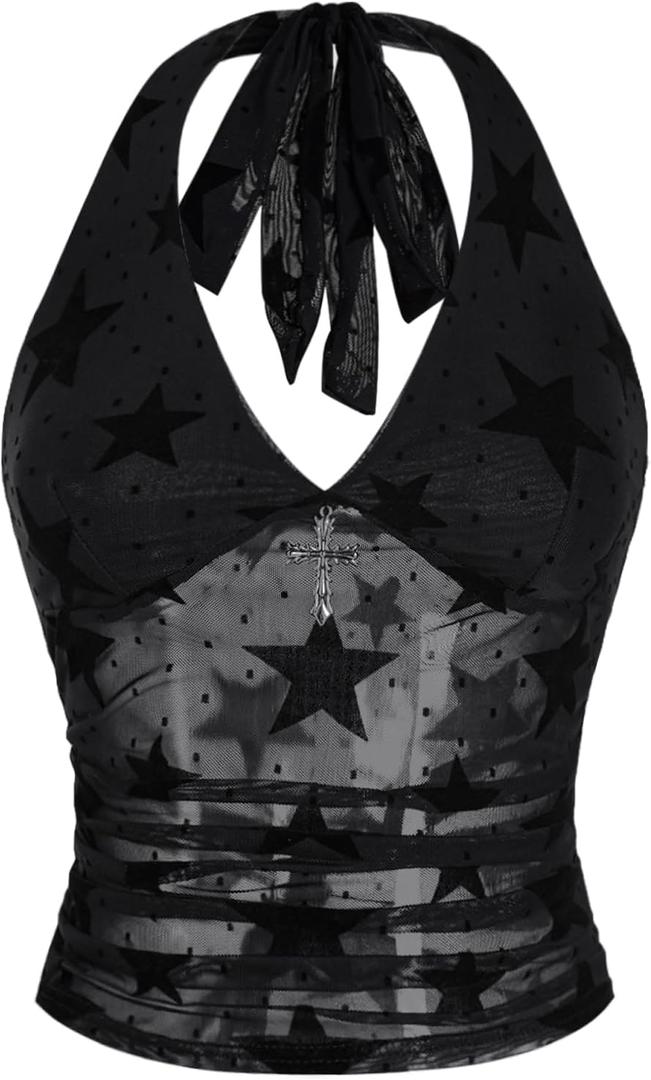 Verdusa Women's Y2k Gothic Goth Halter Top Mesh Sheer Backless Going Out Tops Emo Grunge Clothes Rave Outfits (Black, M)