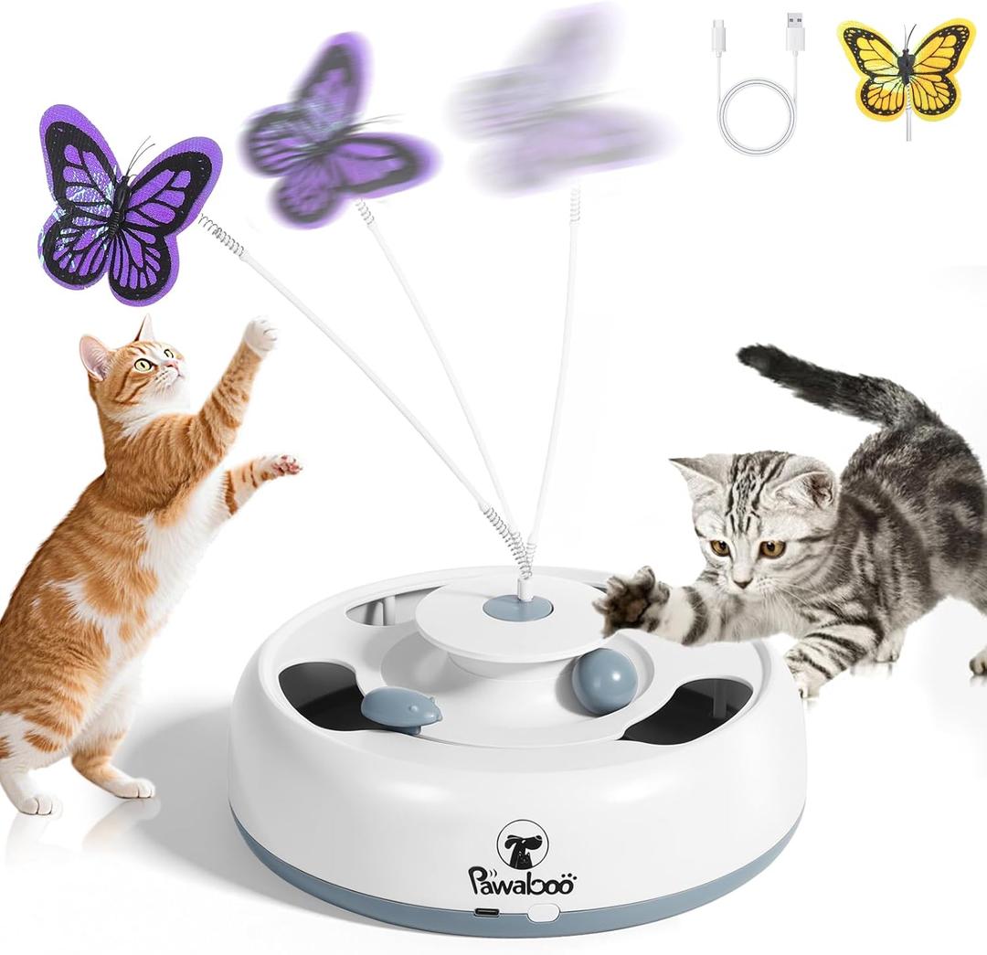 Pawaboo 3-in-1 Automatic Interactive Cat Toy, Electronic Motion Kitten Toy with Fluttering Butterfly Teasers, Track Ball & Random Hide Mouse, USB Rechargeable Cat Teaser Mouse Toys for Indoor Kitties (White+Gray)