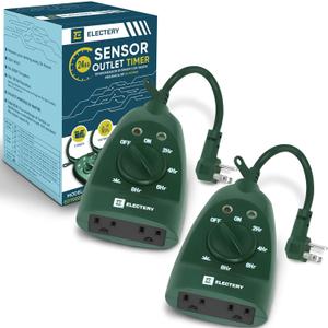 Outdoor Timer Outlet 2-Pack, Green Waterproof Dusk-to-Dawn Plug-in with Light Sensor, 24-Hour Mechanical Countdown, Heavy-Duty 15A UL Listed for Garden, Pool Pump, Holiday Lights