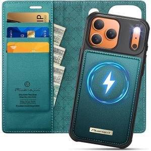 Wallet Case for iPhone 17 Pro Compatible with Magsafe, 2-in-1 PU Leather Flip RFID Blocking Card Holder Stand Shockproof Magnetic Detachable Cover for iPhone 17 Pro Case 6.3", Bluegreen