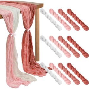Remagr 12 Pcs Gradient Pink Cheesecloth Gauze Table Runners Boho Wedding Decor Rustic Sheer Runner for Wedding Table Bridal Shower Birthday Party Decorations
