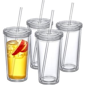Amazing Abby - Andes On-The-Go - 22-Ounce Insulated Plastic Tumblers with Lid and Straw (Set of 4), Double-Wall Travel Tumblers, All-Clear Drinking Glasses, BPA-Free, Shatter-Proof, Dishwasher-Safe