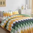 Yellow Green Rhomb Plaid Quilt Set 3pc Queen Size Reversible Coverlet Bedspread Set Soft Microfiber Lightweight Summer Quilt Bedding Set Bed Cover for All Season 88x88