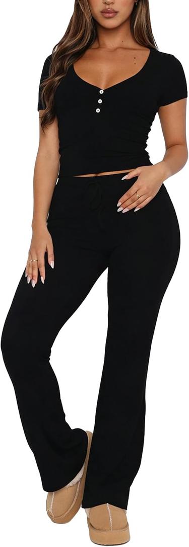 TiulZial Womens 2 Piece Pajamas Set V Neck Short Sleeve Cropped Top And Flare Long Pants PJs Outfits Ribbed Lounge Sets (Black, M)