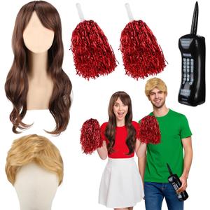 5 Pieces 90s Vintage Style Cheerleader Couple Costume Halloween TV Series Costume Includes Inflatable Mobile Phone Cheerleading Poms Wigs with Hair Net for Adults Cosplay Party Accessories