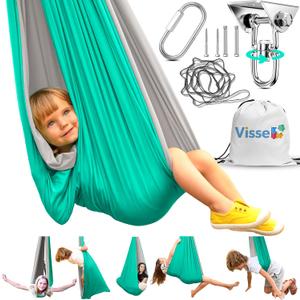Sensory Swing for Kids Indoor Outdoor - Calming Cocoon Therapy Swing, Holds 300lbs - Hug-Like Sensory Hammock with 360° Swivel Hardware for Autism, ADHD, SPD Support (Grey/Mint)