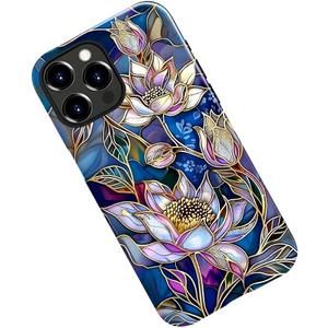 Case for iPhone 16 Pro,Stained Glass Lotus Flowers Gold Purple Phone Case Military-Grade Drop Protection Cover for Women Girl - Glossy