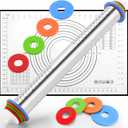 Rolling Pin nonstick and Silicone Baking Pastry Mat combo kit, Adjustable Rolling Pin With Thickness Ringsfor Baking Fondant, Pizza, Pie, Pastry, Pasta, Dough, Cookies (black)