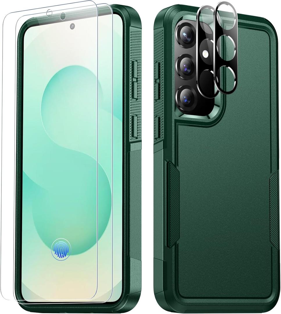 SPIDERCASE Designed for Samsung Galaxy S25 Case, [10 FT Military Grade Drop Protection], 2 Pack [Tempered Glass Screen Protector+ Camera Lens Protector] Heavy Duty Shockproof Case, Deep Green