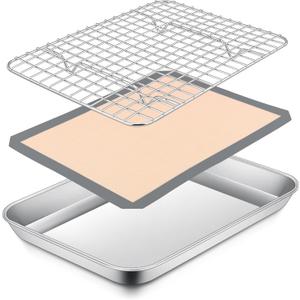 P&P CHEF 10.4 x 8 x 1 Inch Toaster Oven Pan with Grid Rack and Silicone Mat, Stainless Steel Toaster Oven Tray Baking Pan with Cooling Roasting Rack, Dishwasher Safe (3Pcs)