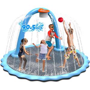 90.5'' Splash Pad, Non-Slip Sprinkler Mat with Basketball Hoop and Arch for Kids Outdoor Play, Shoot Game for Backyard, Inflatable Water Toys More Fun for Boys and Girls
