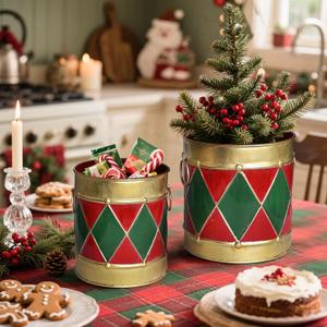 2PCS Holiday Metal Ice Bucket with Handle Vintage Christmas Drum Buckets Decorations Round Candy Buckets & Storage Pails for Party Home Table Centerpieces Decor (Color#1)