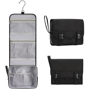 Small Hanging Toiletry Bag for Men and Women, Portable Hanging Organizer for Travel-Sized Shower Dopp Kit, Makeup Accessories, Waterproof Toiletries Organizer with 3 Compartments for Outdoor - Black