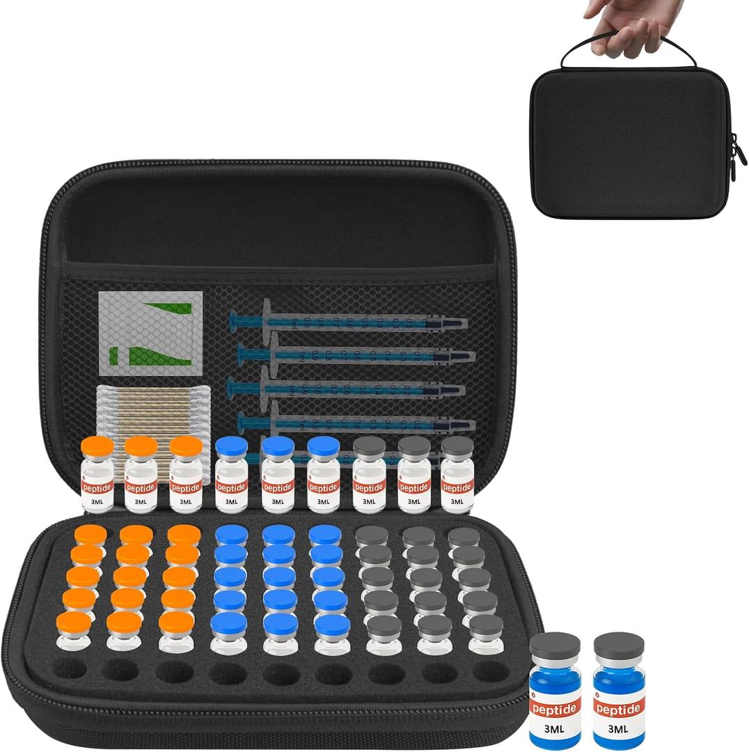 3ML Peptide Case 63-Slot Peptide Organizer with Mesh Pocket, Fits 3ml Bottles, Peptide Storage Case for Fridge (Bag Only)