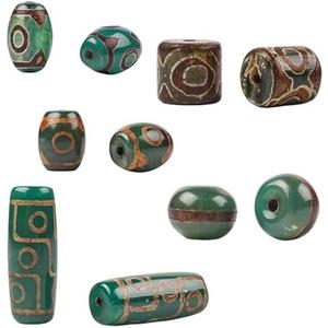 HannaFires 5-Piece Deep Green Agate Three-Eyed Dzi Beads Set - Tibetan Natural Raw Stone Beads for DIY Necklace Pendant Jewelry Making & Spiritual Accessories