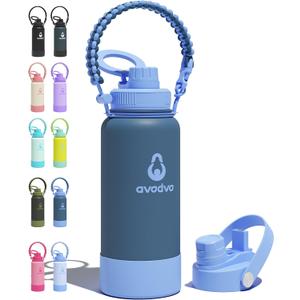32 oz Insulated Water Bottle with 2 Lids (2-in-1 Straw & Spout Lid, Magnetic Lid), Slim Water Bottle with Strap, Stainless Steel Water Bottle for Hiking, Gym, Travel, BPA-Free, Dark Blue