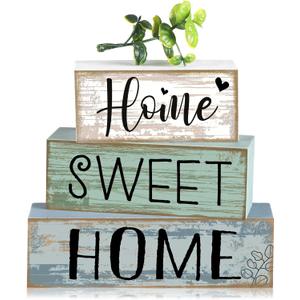 Moucuny 4 Pcs Wooden Farmhouse Tabletop Decor Rustic Home Tiered Tray Decor Decorative Highland Cow Home Eucalyptus Block Signs Gift Farmhouse Table Decoration for Kitchen Shelf(Eucalyptus)