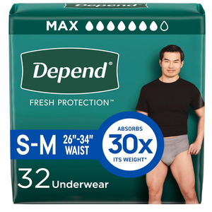 Depend Fresh Protection Adult Diapers, Incontinence Underwear for Men, Disposable, Maximum, Small/Medium, Grey, 32 Count