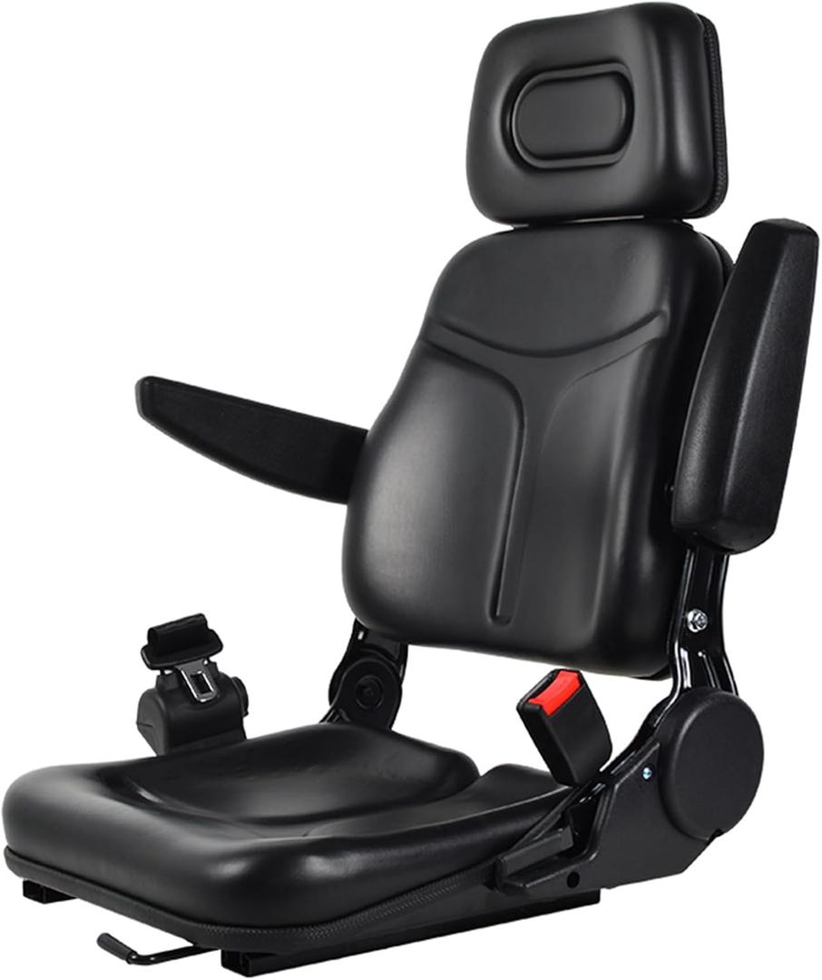 Universal Tractor Seat, Adjustable Lawn Forklift Seat with 180 Degree Backrest, Tractor Seat with Adjustable Armrest, Headrest, Lawn Mower Seat with Safety Belt and Retractable Rails, for Excavator (Black)