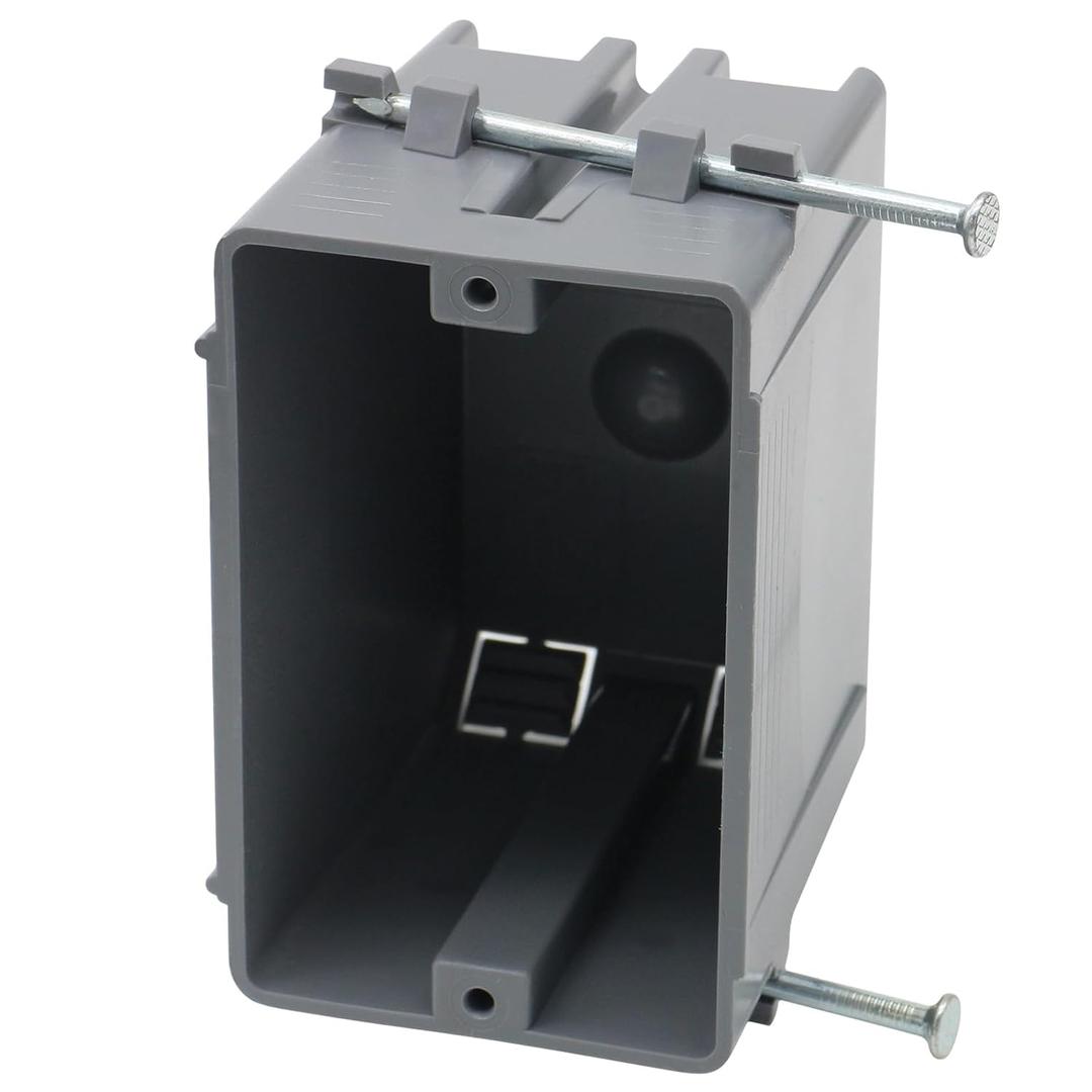 New Work Electrical Box, 1-Gang 18 cu. in. Nail-On Grey PVC Outlet Box, ETL Listed (Conforms to UL 514C), for Residential & Commercial Switch/Outlet Installation