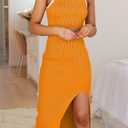 PRETTYGARDEN Women's Summer Midi Bodycon Dresses Casual Crew Neck Side Slit Sleeveless Knit Cut Out Tank Top Dress (X-Large, Z-yellow)