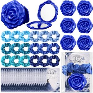 Xuhal 25 Sets Quinceanera Party Favors Sweet 15 Rose Design Compact Pocket Mirrors Hair Ties Elastic Scrunchies Thank You Cards Quinceanera Gift for 15th Birthday Party Favor Guests (Blue)