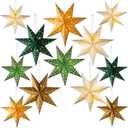 12 Pcs Christmas Paper Star Lantern 7/8/9 Points Sage Green Hanging Ornament 3D Neutral Star Lantern with String Light 12 and 17.72 Inch Hollow Lampshade for Xmas Party Decor(7 Pointed)