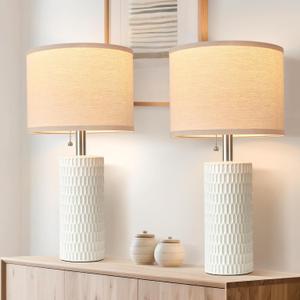 Reaketon 20.5" Modern Ceramic Table Lamps for Bedroom Set of 2, Bedside Lamps for Night Stands with Beige Lampshade, Farmhouse Table Lamp for Living Room Office Dorm, White