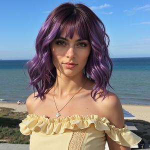 testar Short Black White Wavy Bob Wigs for Women Curly Wigs With Bangs Heat Resistant Fiber Synthetic Cosplay Cruella Deville Wig Daily Party/Halloween Costume Use 14Inch, Purple
