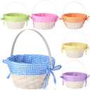 Yulejo 6 Pieces Easter Woven Bamboo Basket Round Small Woven Basket with Handle Buckets for Easter Egg Hunt Picnic Party Supplies Birthday Decoration(Plaid)