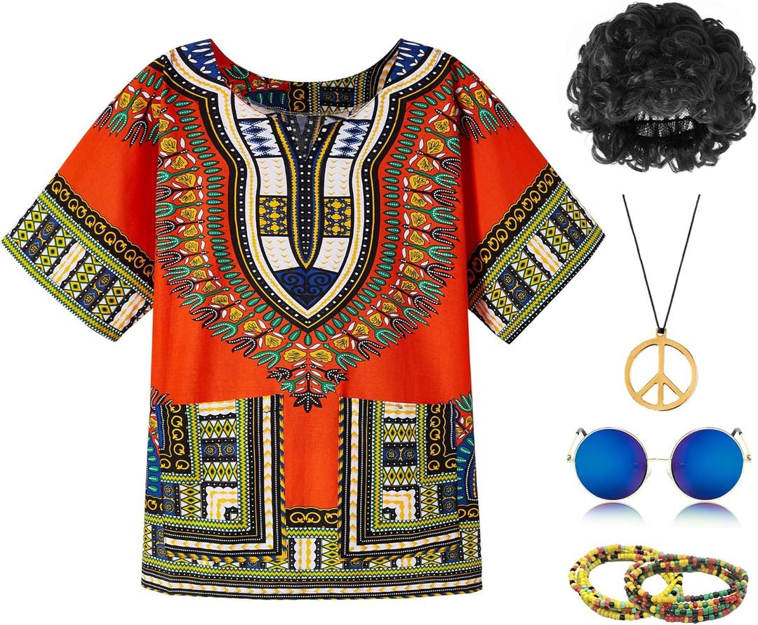 Mainfini Men's Hippie Costume 60s 70s T-Shirt Afro Outfits Accessories Set Peace Sign Necklace (Large)