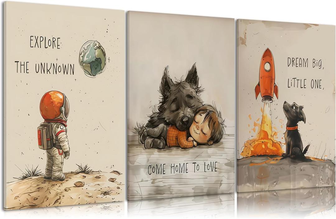 Vintage Astronaut Nursery Canvas Wall Art Space Explore Picture Wall Decor Dream Big Little One Poster Cute Dog Toddler Painting Print Artwork for Kids Boys Room Bedroom Playroom Decor, Framed (24L"x16W")