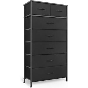 Mifuro Tall Dresser for Bedroom, Vertical Storage Organizer Tower with 7 Drawers, Chest of Drawers with Fabric Bins, Steel Frame, Wood Top for Bedroom, Closet, Entryway - Black