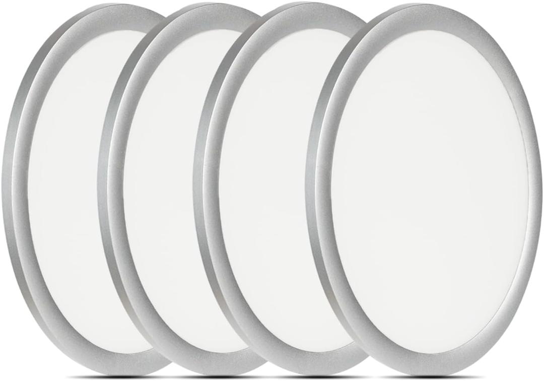 Wembanma Flush Mount LED Lighting Round  8 Inch Dimmable 5CCT Ultra Thin Surface Mount Light, No Flicker and Edgelit Flat Panel Light for Wet Location, 8 Inch 4Pack Silver