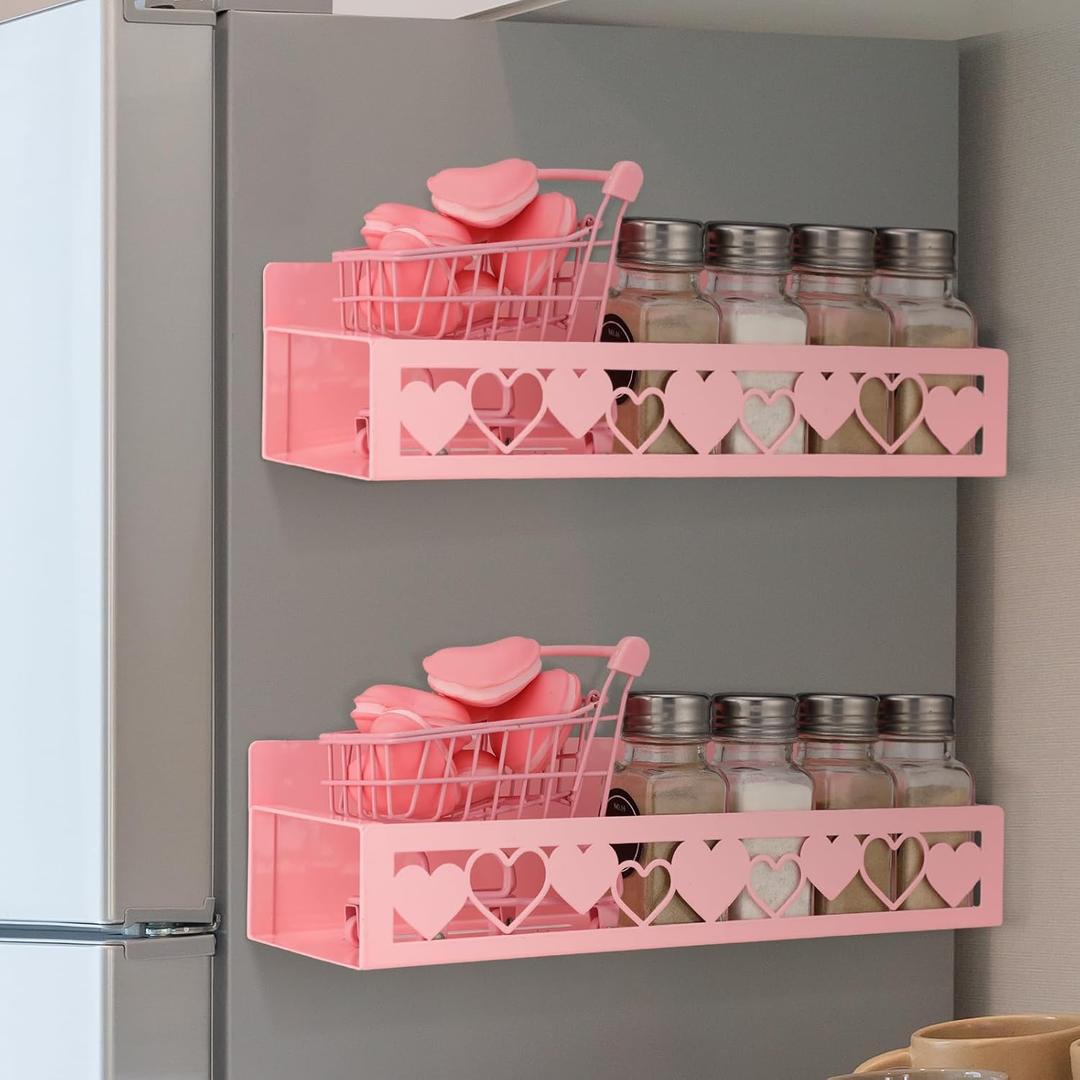2 Pack Heart Magnetic Spice Rack for Refrigerator Metal Magnet Basket Shelf for Fridge Seasoning Storage Organizers Home Decor Kitchen Accessories (Pink)